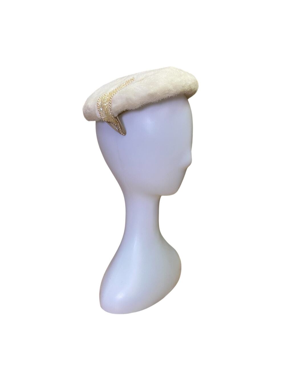 1960s Vintage White Fur Calot Hat Pearl Beaded Vintage Cocktail Topper